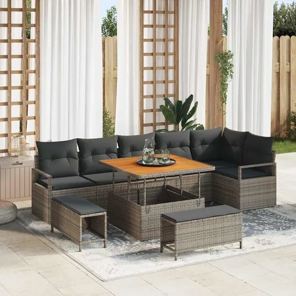 Ensemble de canapé de jardin avec coussin 9 pcs Gris Poly rotin