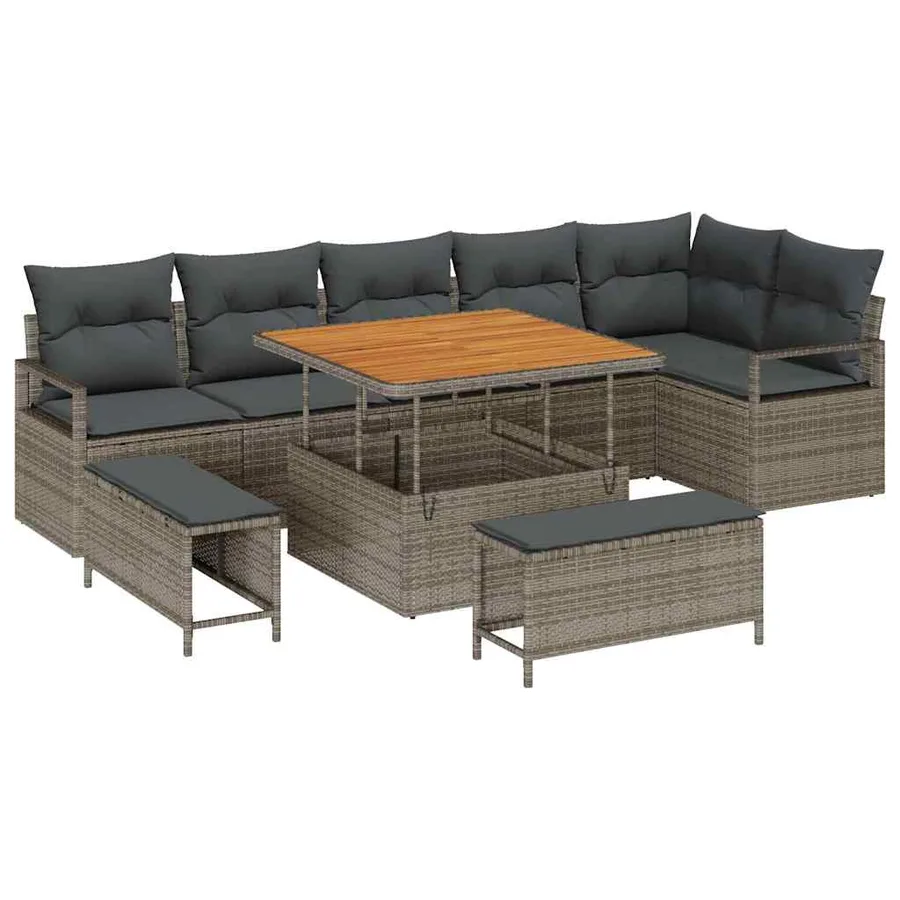Ensemble de canapé de jardin avec coussin 9 pcs Gris Poly rotin - 2