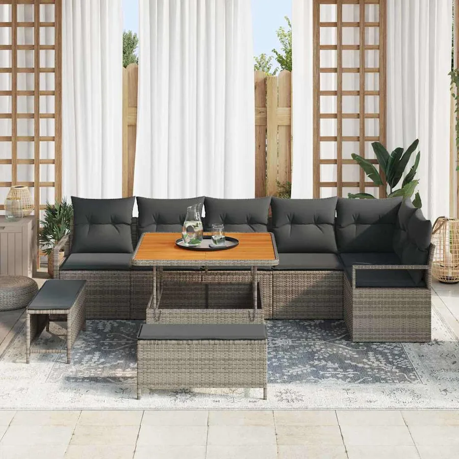 Ensemble de canapé de jardin avec coussin 9 pcs Gris Poly rotin - 3