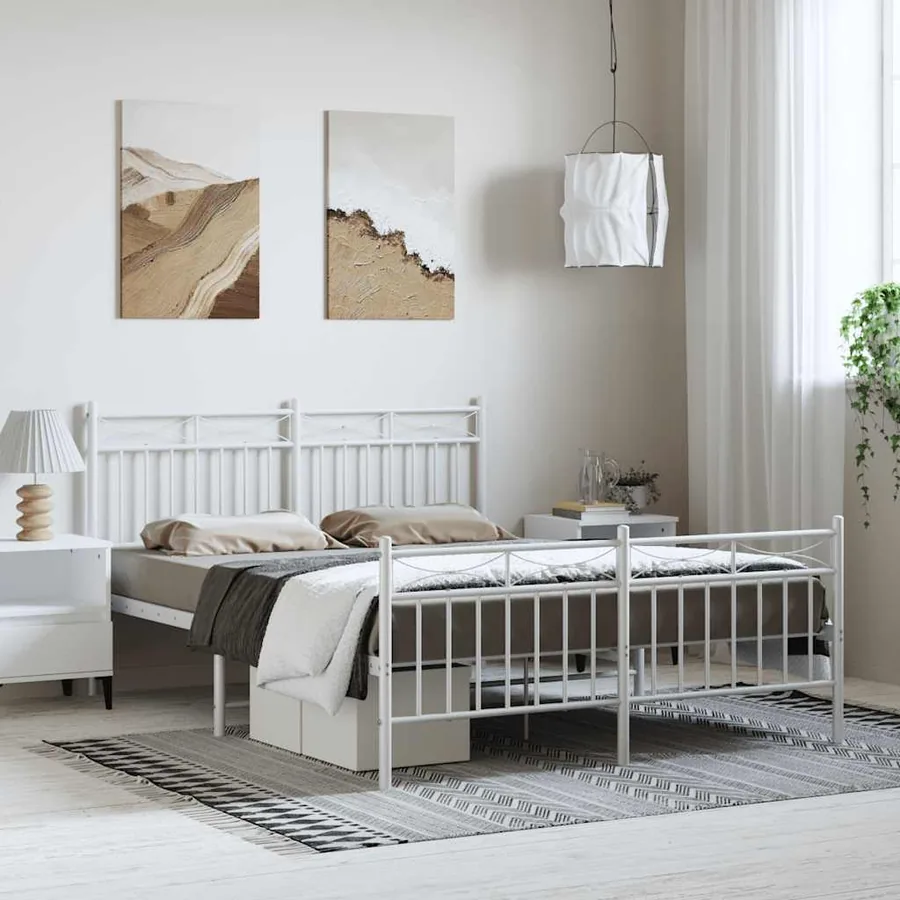 Cadre de lit métal sans matelas et pied de lit blanc 135x190 cm
