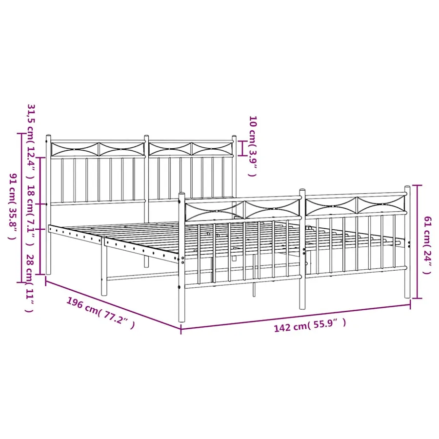 Cadre de lit métal sans matelas et pied de lit blanc 135x190 cm - 10