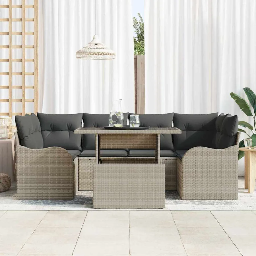 Ensemble de canapé de jardin 7 pcs Gris clair Poly rotin - 3
