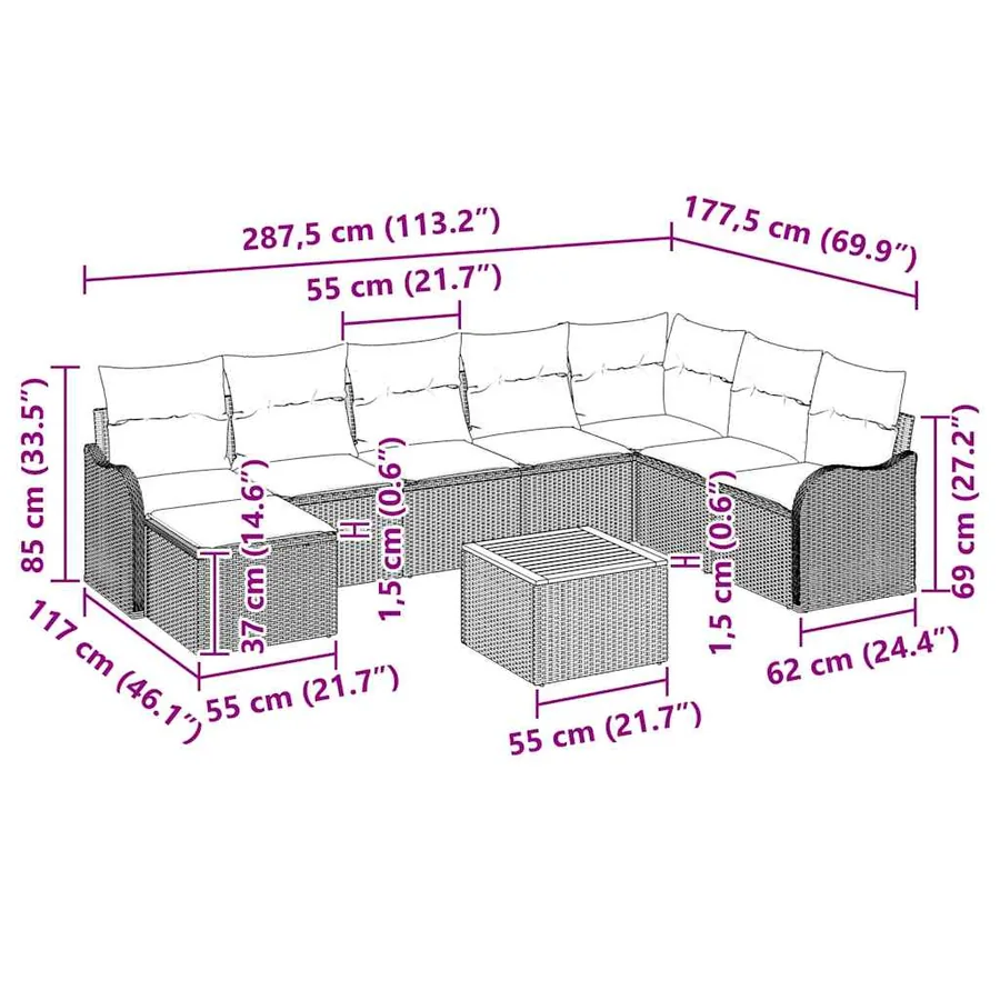 Ensemble de canapé de jardin avec coussin 9 pcs Gris polyrotin - 8