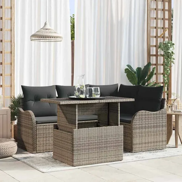 Ensemble de repas extérieur avec coussin 5 pcs Gris Poly rotin