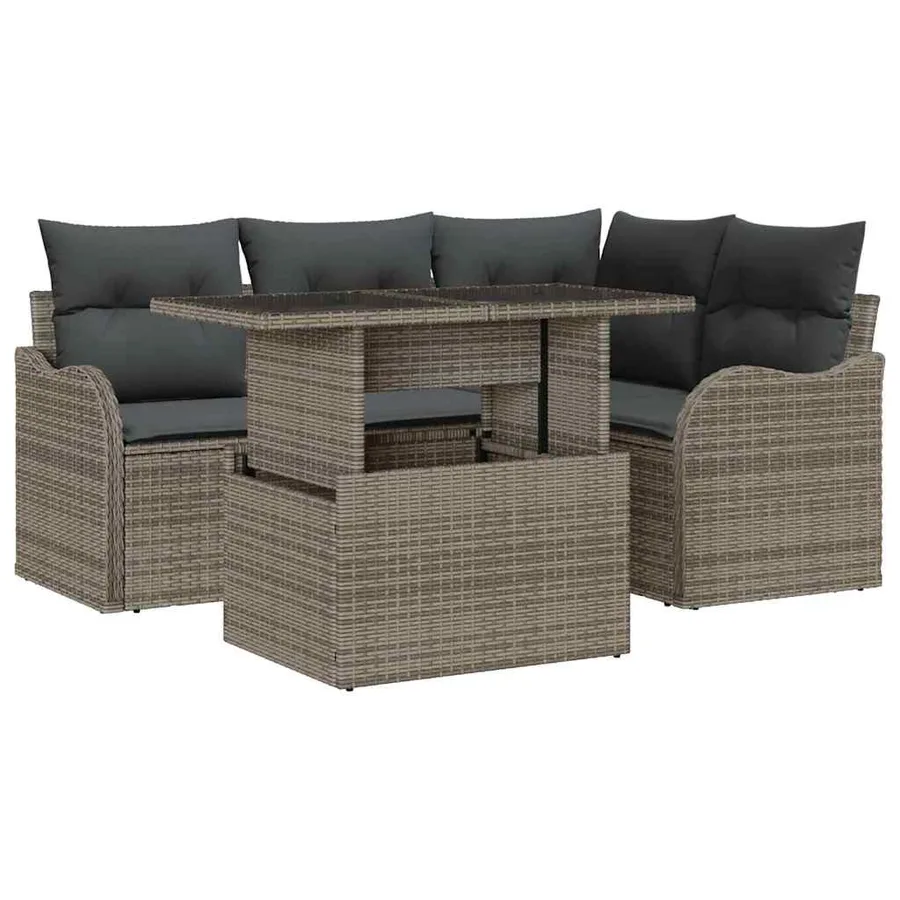 Ensemble de repas extérieur avec coussin 5 pcs Gris Poly rotin - 2