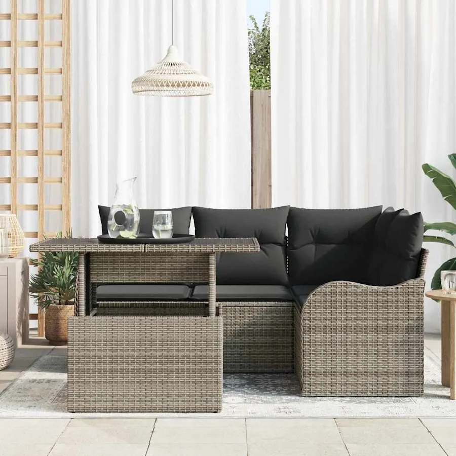 Ensemble de repas extérieur avec coussin 5 pcs Gris Poly rotin - 3