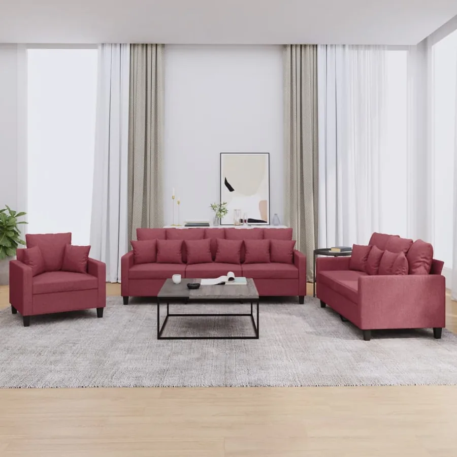 Ensemble de canapés 3 pcs avec coussins rouge bordeaux tissu