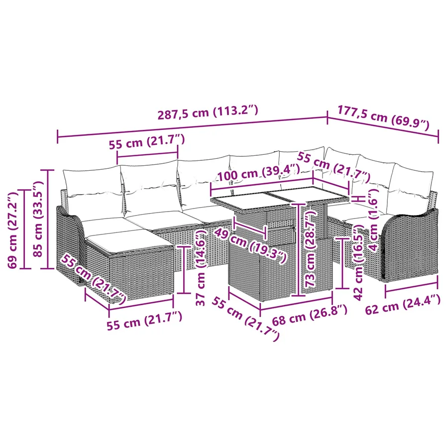Ensemble de canapé de jardin 9 pcs Gris clair Poly rotin - 17