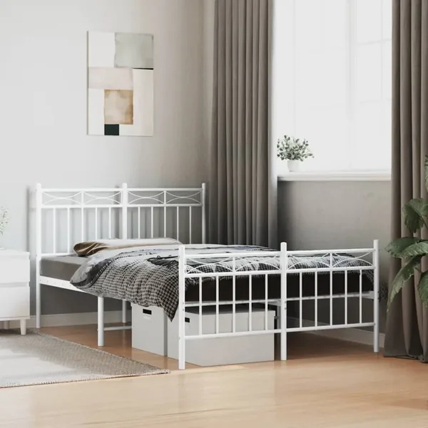 Cadre de lit métal sans matelas et pied de lit blanc 120x190 cm
