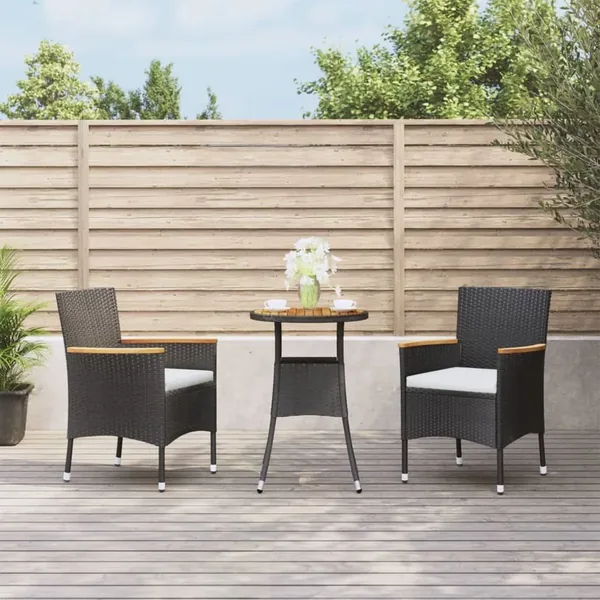 Ensemble de bistro de jardin 3 pcs coussins noir poly rotin