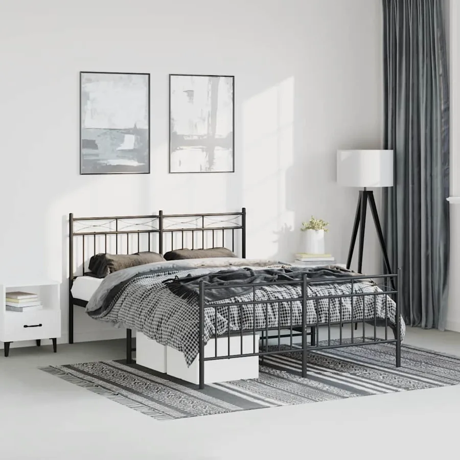 Cadre de lit métal sans matelas avec pied de lit noir 135x190cm