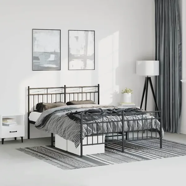 Cadre de lit métal sans matelas avec pied de lit noir 135x190cm