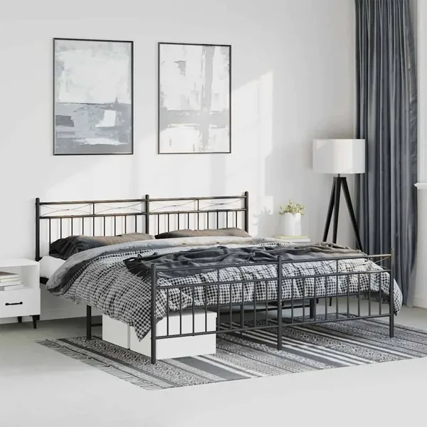 Cadre de lit métal sans matelas avec pied de lit noir 193x203cm
