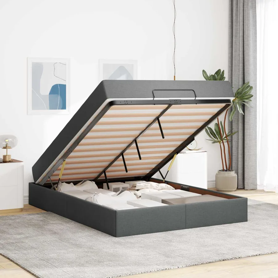 Cadre de lit avec matelas 2 pcs Gris Foncé tissu - 4