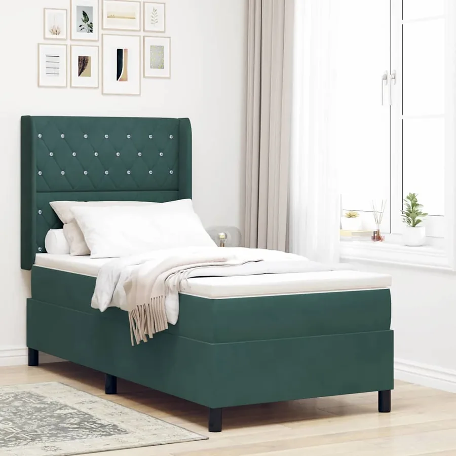 Lit à ressorts avec matelas Vert foncé 100 x 200 cm Velours