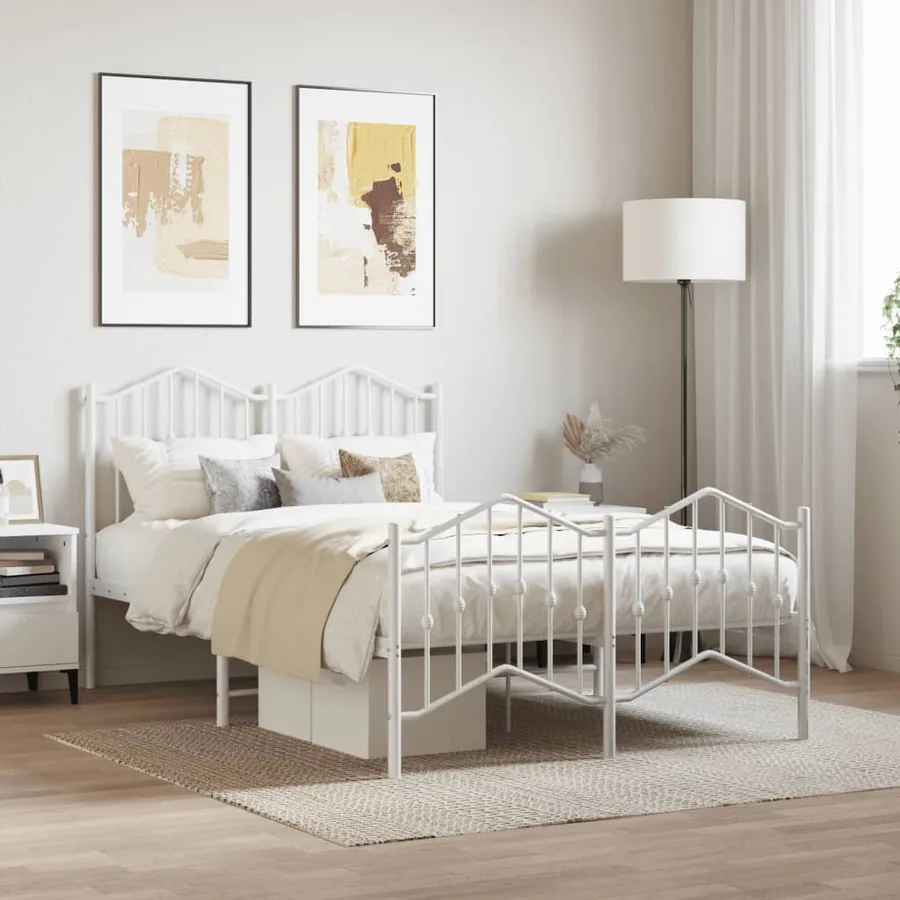 Cadre de lit métal sans matelas et pied de lit blanc 120x190 cm