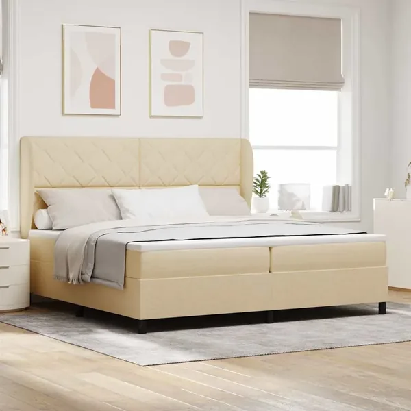 Lit à ressorts avec tête de lit Crème 200 x 200 cm tissu