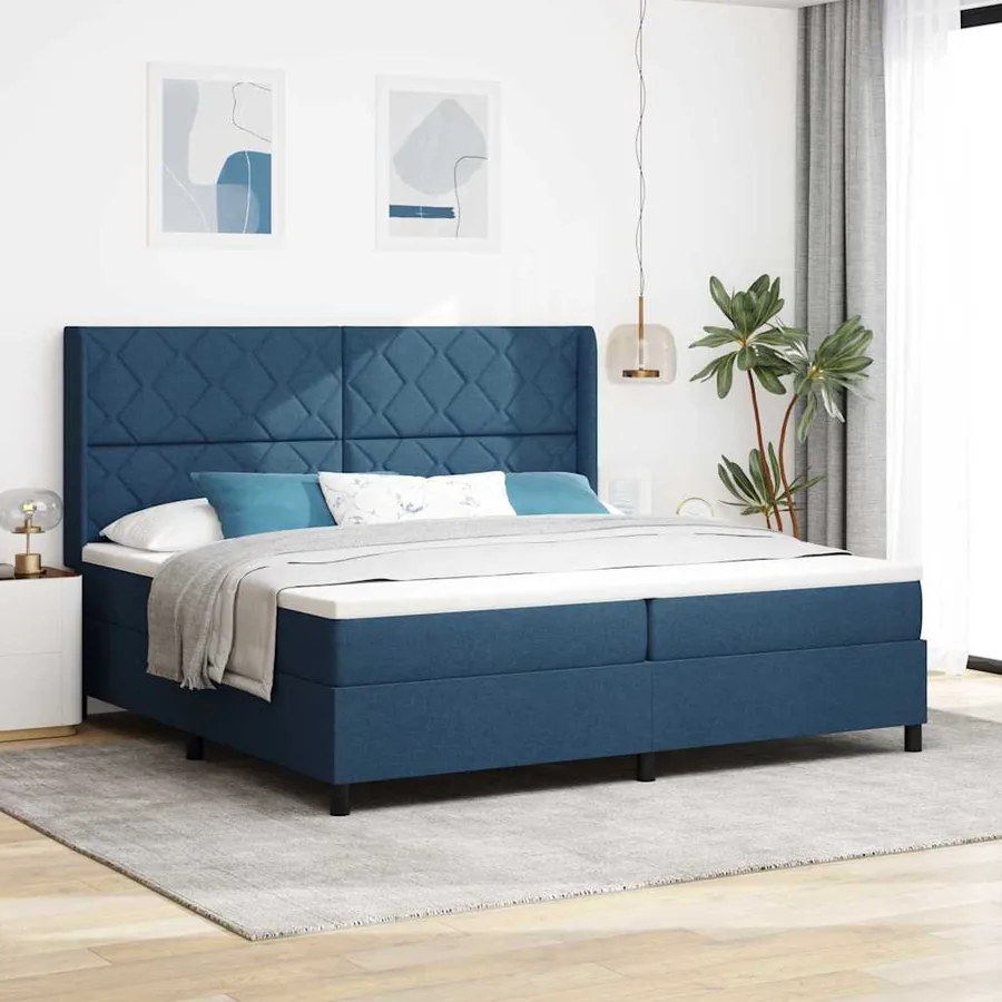 Lit à ressort LED avec tête de lit Bleu 200 x 200 cm tissu
