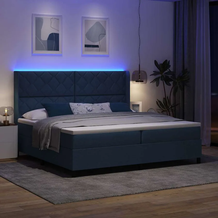 Lit à ressort LED avec tête de lit Bleu 200 x 200 cm tissu - 5