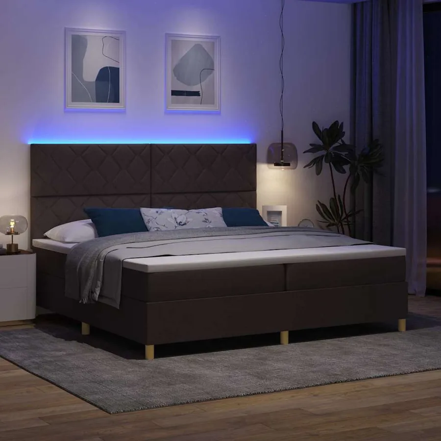 Lit à ressort LED Marron foncé 200 x 200 cm tissu - 5