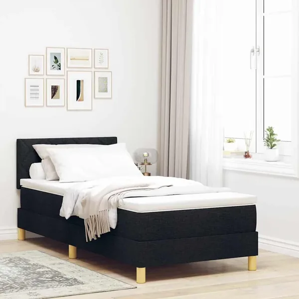 Lit à ressorts avec coussin Noir 90 x 200 cm tissu