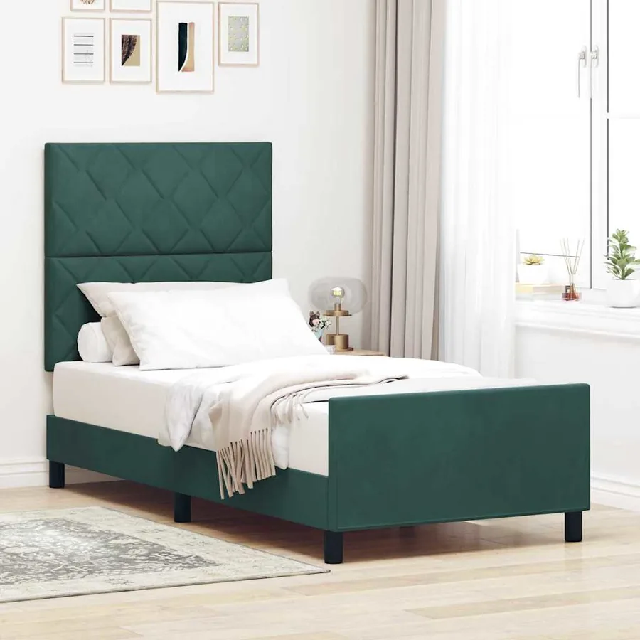 Lit à ressorts avec tête de lit Vert foncé 90 x 190 cm Velours