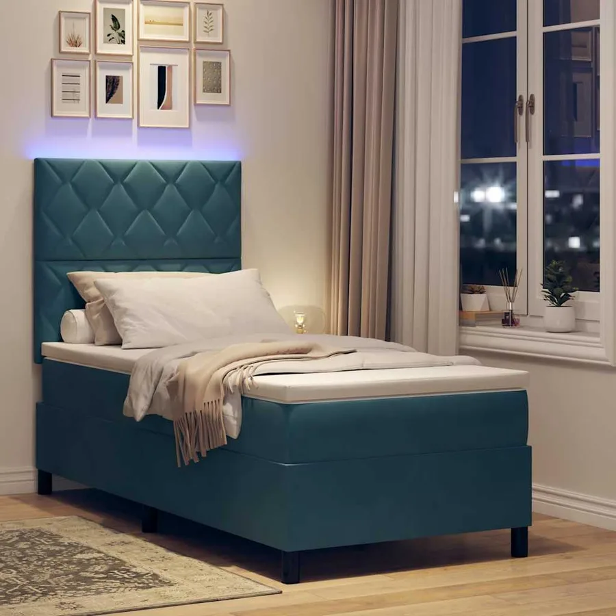 Lit à ressort LED Bleu foncé 100 x 200 cm Velours - 5