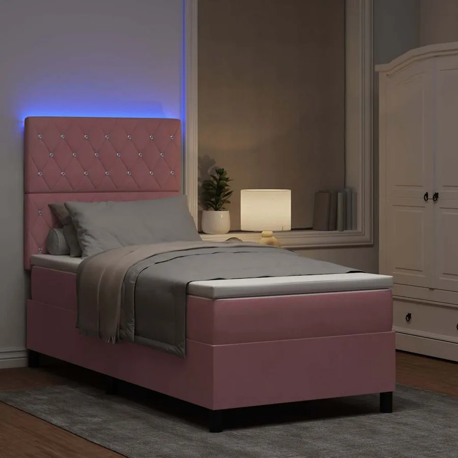 Lit à ressort LED avec matelas Rose 90 x 200 cm Velours - 5