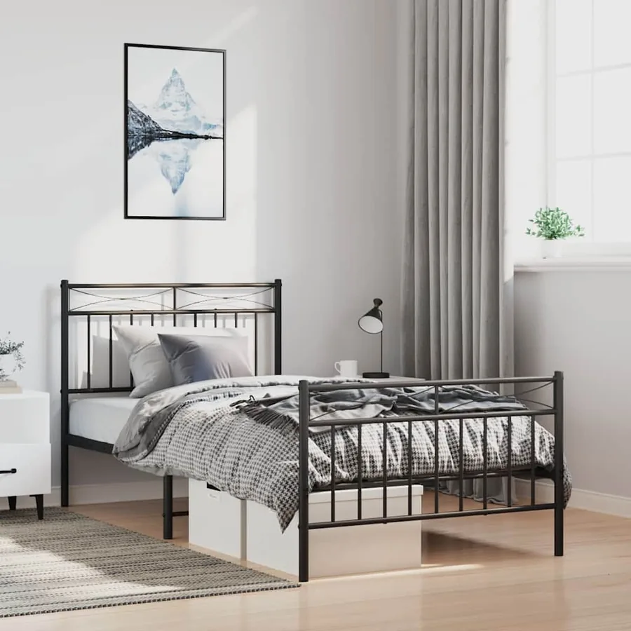 Cadre de lit métal sans matelas avec pied de lit noir 100x190cm