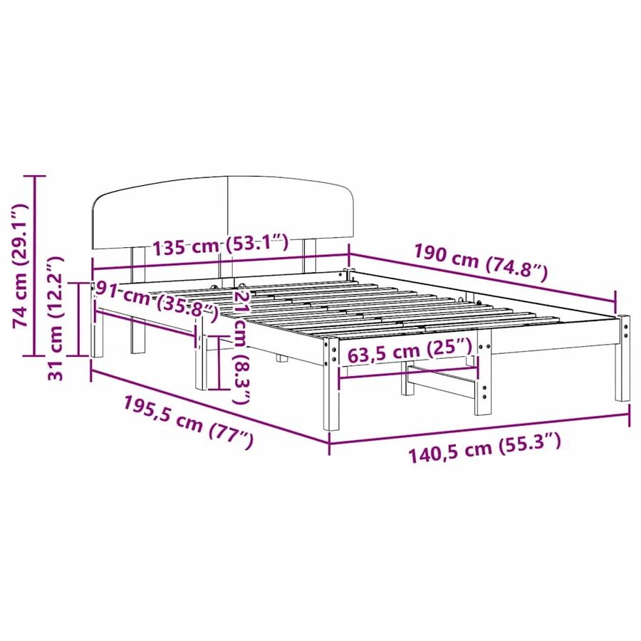 Cadre de lit avec tête de lit Blanc 135 x 190 cm Pin massif - 8