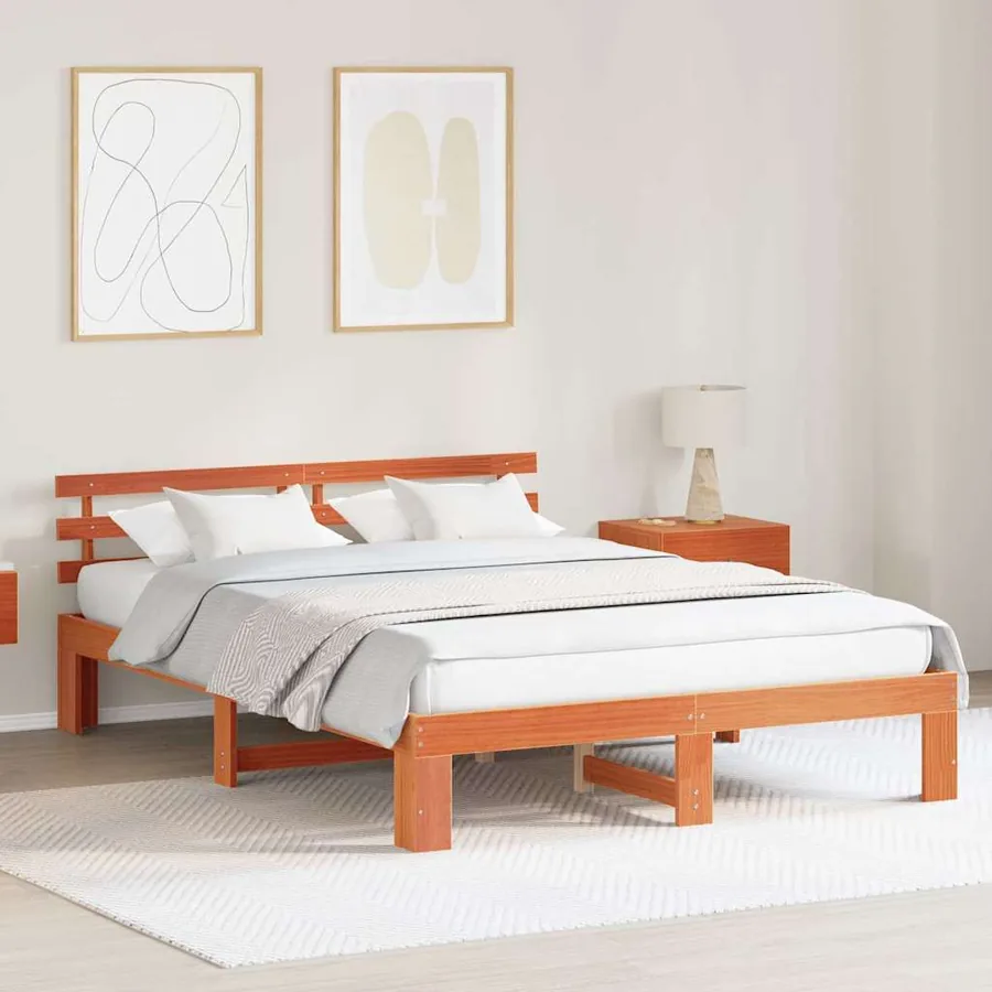 Cadre de lit avec tête de lit Brun cire 160 x 200 cm Pin massif