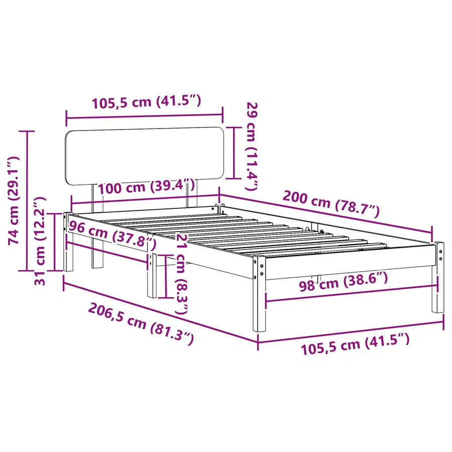 Cadre de lit avec tête de lit Brun cire 100 x 200 cm Pin massif - 11