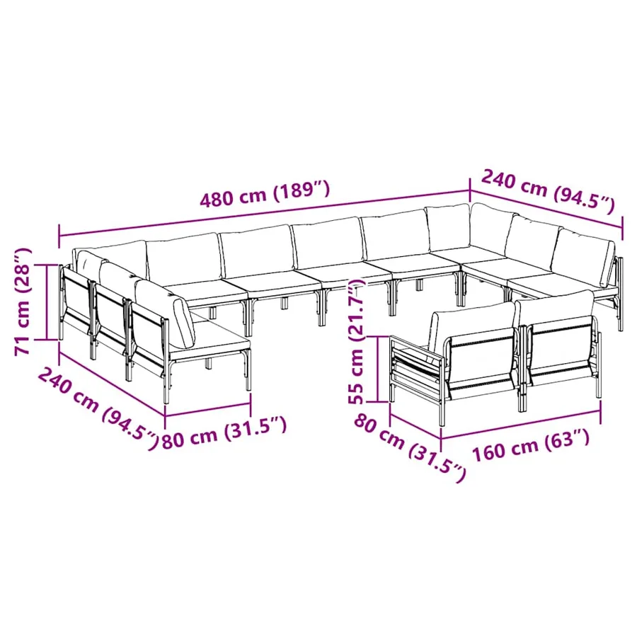 Ensemble de canapé de jardin avec coussin 12 pcs Noir Acier - 11