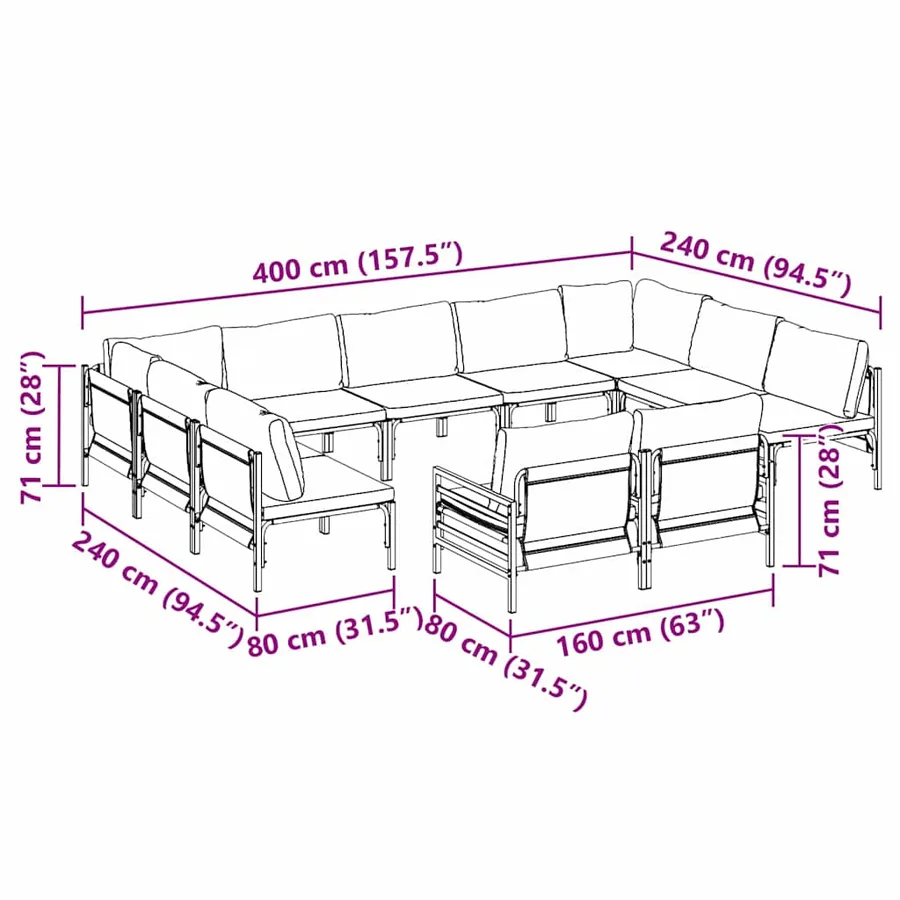 Ensemble de canapé de jardin avec coussin 11 pcs Noir Acier - 11