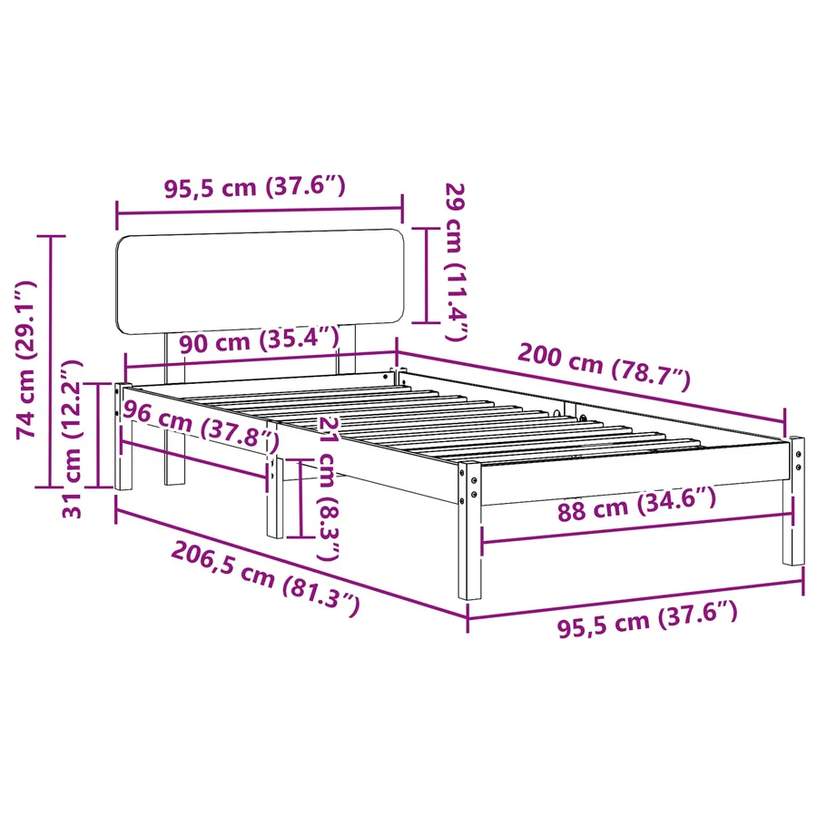 Cadre de lit avec tête de lit Blanc 90 x 200 cm Pin massif - 11
