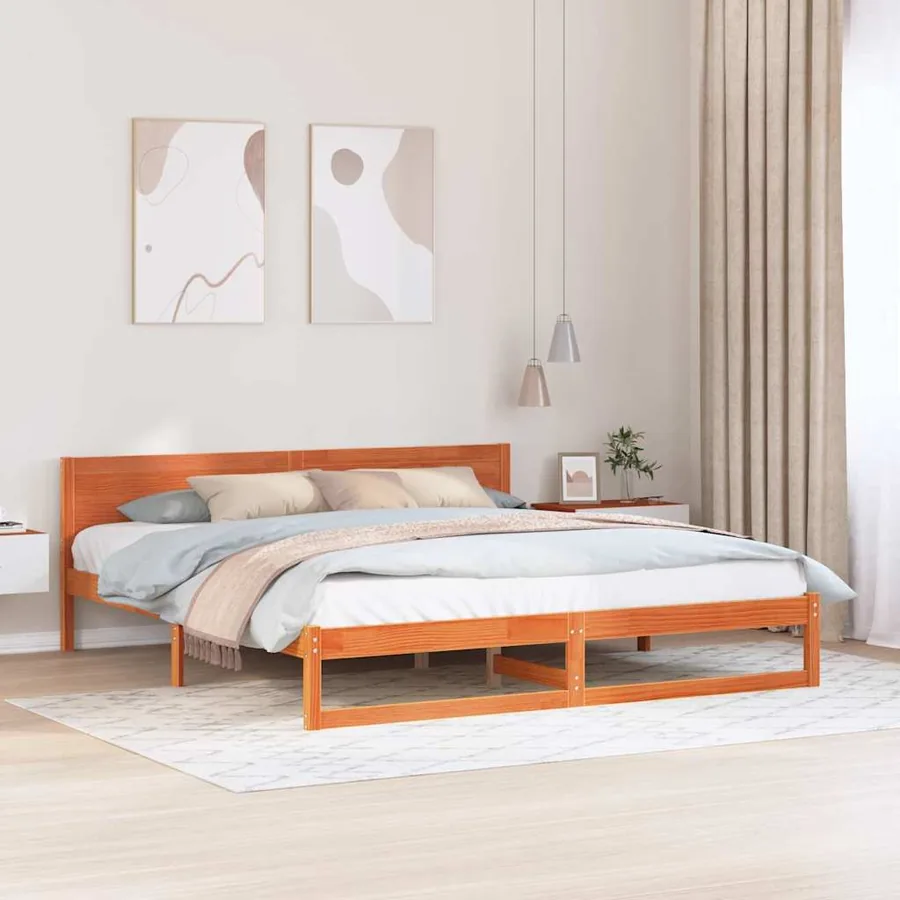 Cadre de lit avec tête de lit Brun cire 200 x 200 cm Pin massif