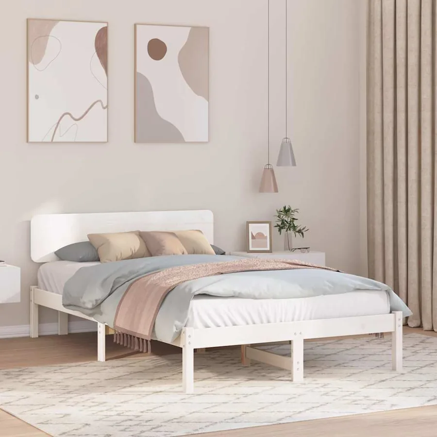 Cadre de lit avec tête de lit Blanc 135 x 190 cm Pin massif