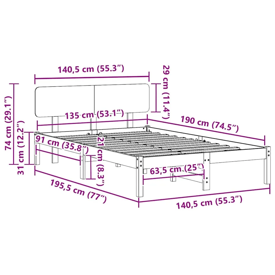 Cadre de lit avec tête de lit Blanc 135 x 190 cm Pin massif - 8