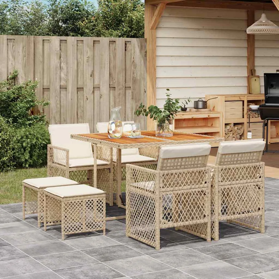 Ensemble à manger de jardin et coussins 9 pcs beige Poly rotin
