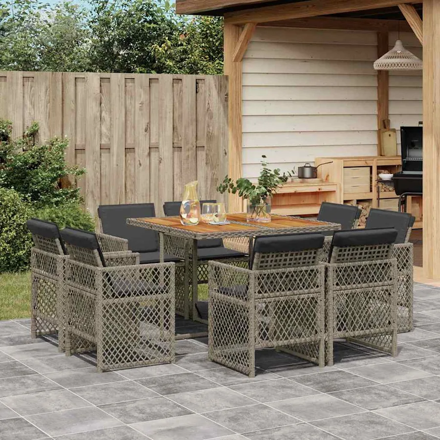 Ensemble à manger de jardin 9 pcs coussins gris résine tressée