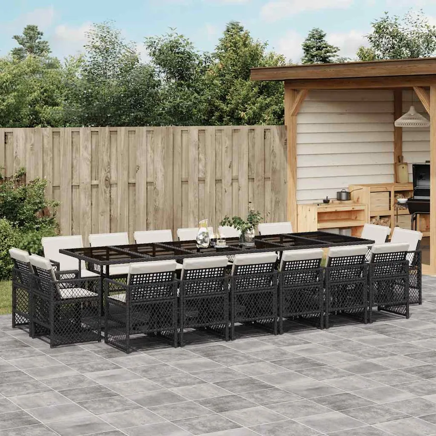 Ensemble à manger de jardin 17 pcs coussins noir résine tressée