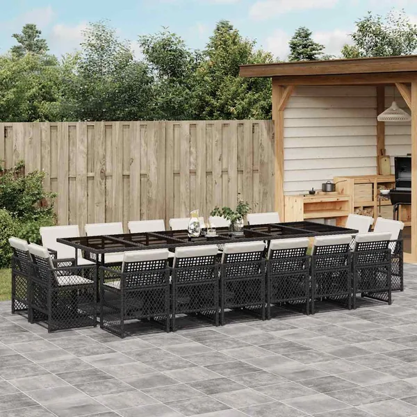 Ensemble à manger de jardin 17 pcs coussins noir résine tressée