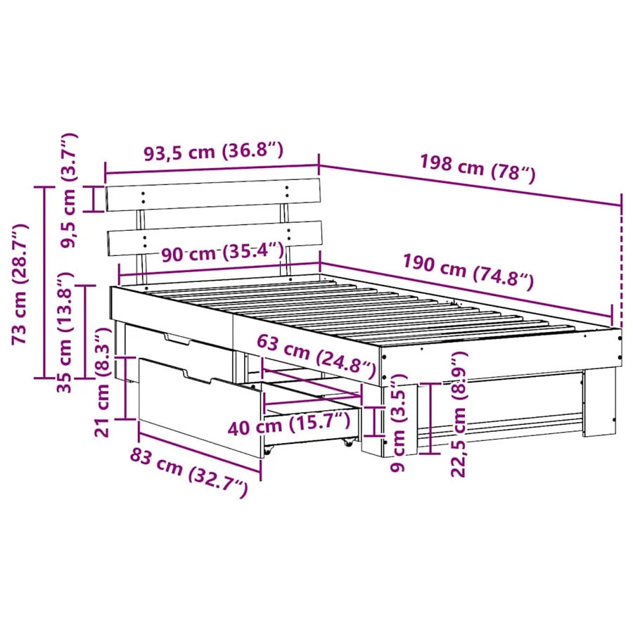 Cadre de lit avec tête de lit Blanc 90 x 190 cm Pin massif - 14