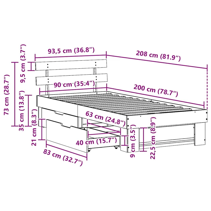 Cadre de lit avec tête de lit Naturel 90 x 200 cm Pin massif - 14