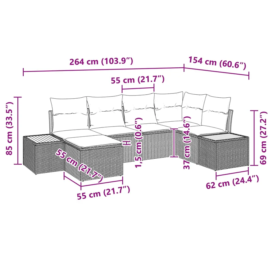 Ensemble de canapé de jardin avec coussin 6 pcs Noir polyrotin - 9