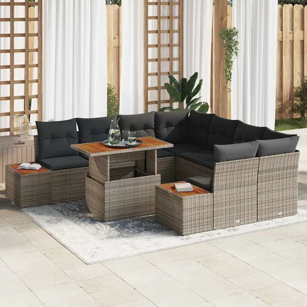 Ensemble de canapé de jardin 9 pcs Gris Poly rotin