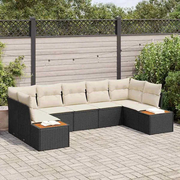 Ensemble de canapé de jardin 7 pcs Noir et Crème Polyrotin
