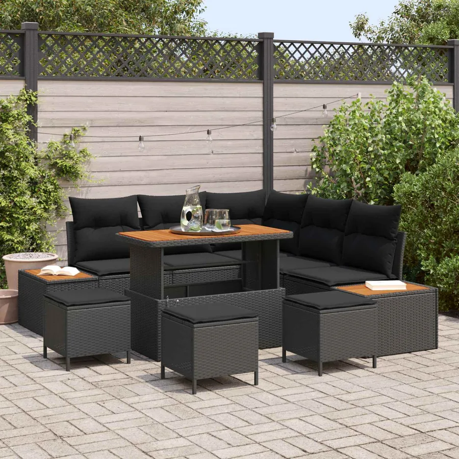 Ensemble de canapé de jardin avec coussin 9 pcs Noir Poly rotin