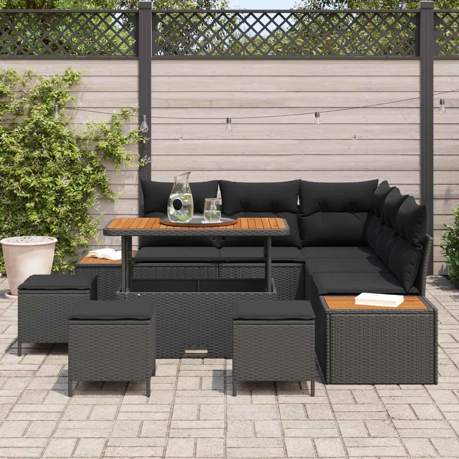 Ensemble de canapé de jardin avec coussin 9 pcs Noir Poly rotin - 3