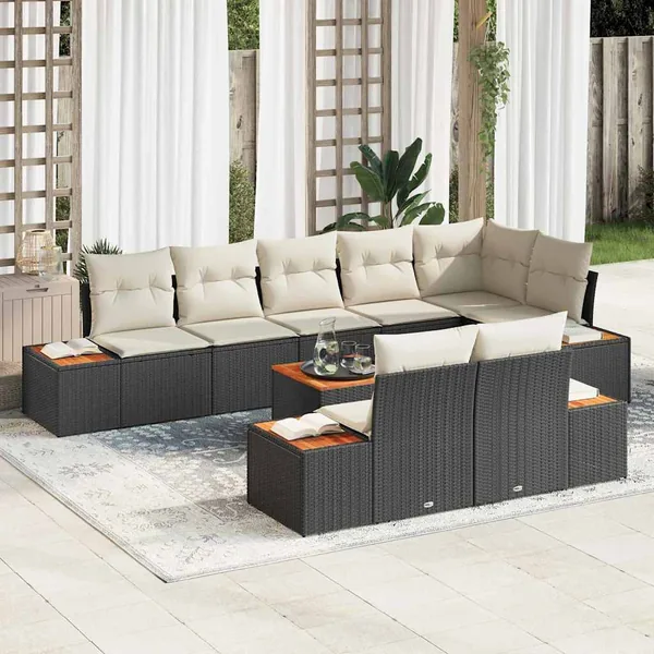Ensemble de canapé de jardin 8 pcs Noir et Crème Polyrotin